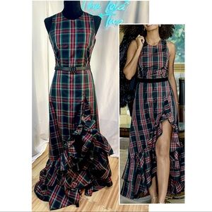 NWT Boston Proper Tartan Plaid Sleeveless High Neck Taffeta Ruffle Gown